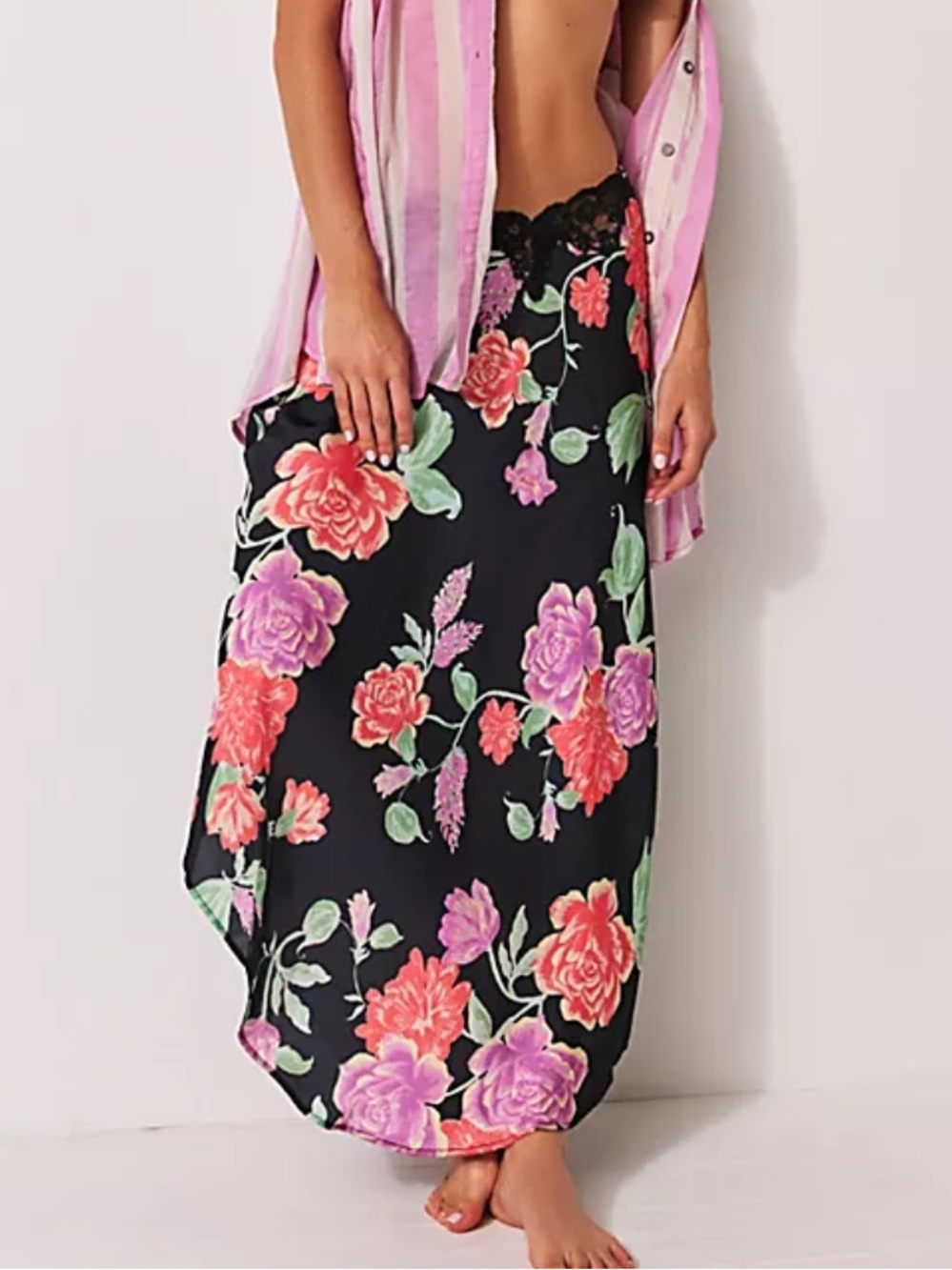 FREE PEOPLE WOMENS ROMANCE IN ROME BLACK PINK SLIP MAXI SKIRT LACE SMALL